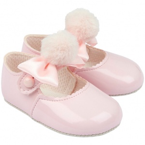 Baby Girls Pink Pom Pom Bow Patent Pram Shoes